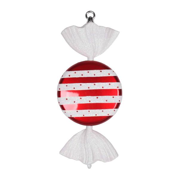 13" Red / White Striped Flat Glitter Candy Ornament