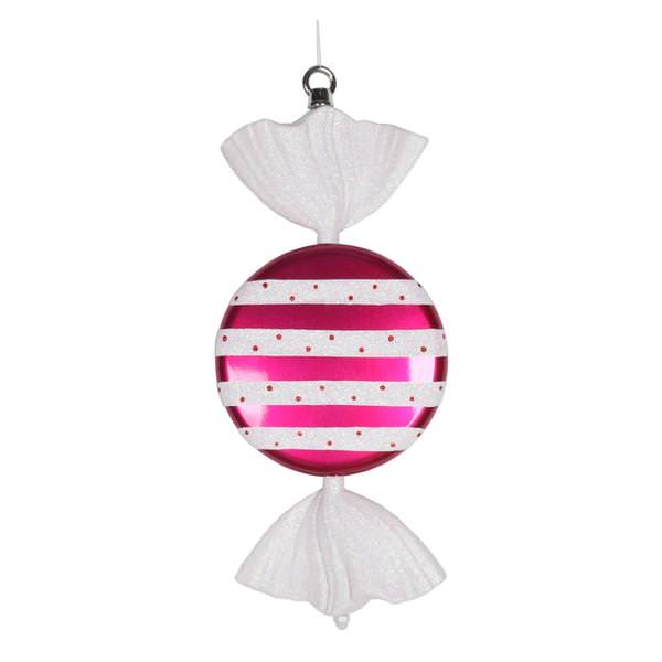 13" Cerise / White Stripe Flat Glitter Candy Ornament