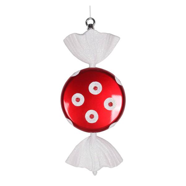 13" Red / White Polka Dot Flat Glitter Candy Ornament