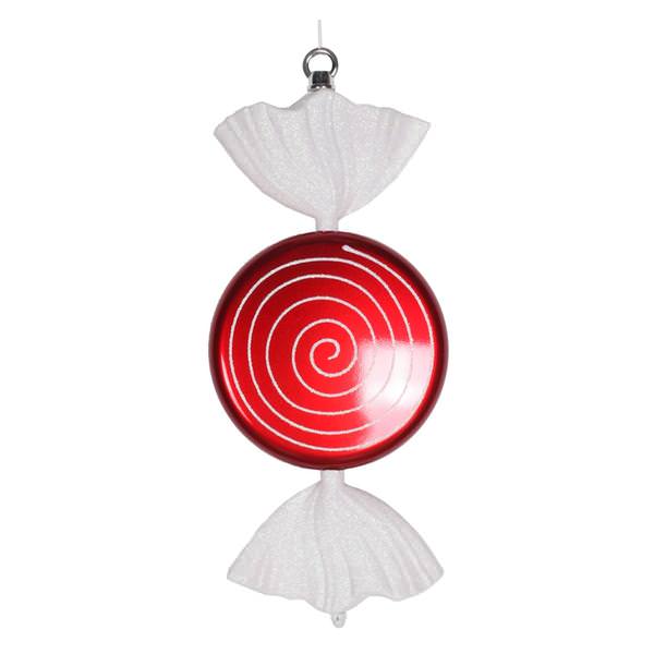 13" Red / White Swirl Flat Glitter Candy Ornament