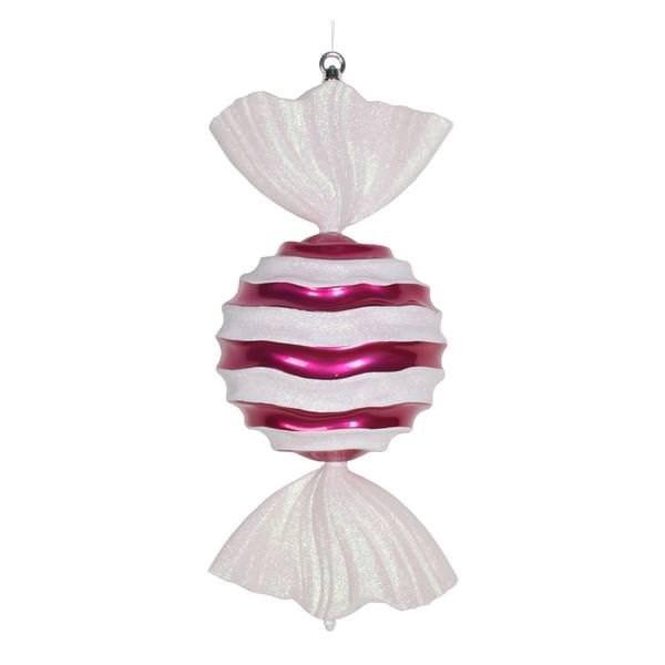 18.5" Cerise / White Striped Wave Glitter Candy Ornament