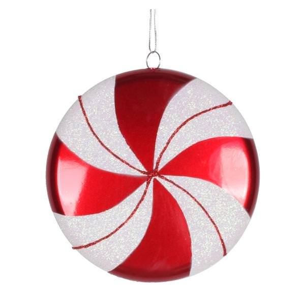 6" Red / White Swirl Flat Glitter Candy Ornament