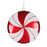 Vickerman 6" Red / White Swirl Flat Glitter Candy Ornament