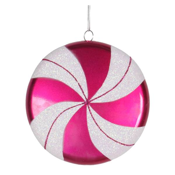 6" Cerise / White Swirl Flat Glitter Candy Ornament