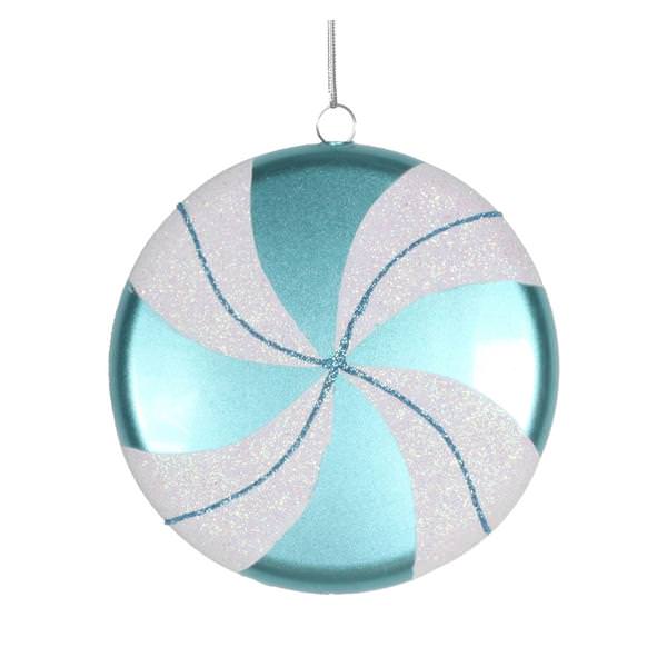 6" Teal / White Swirl Flat Glitter Candy Ornament