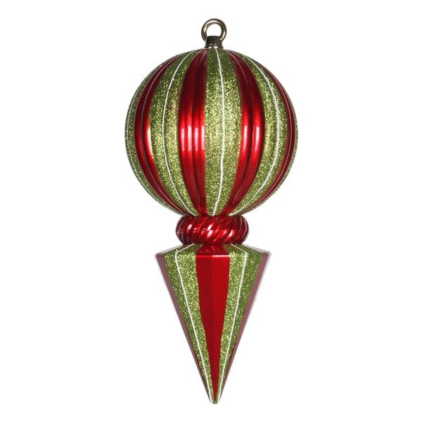 12" Red / Lime Striped Glitter Ball Finial Ornament