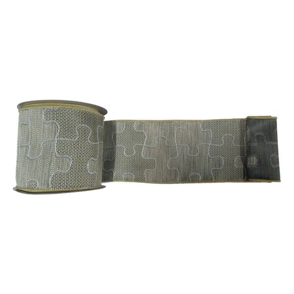 4" x 10yd Gray / Tan Puzzle Piece Design Ribbon