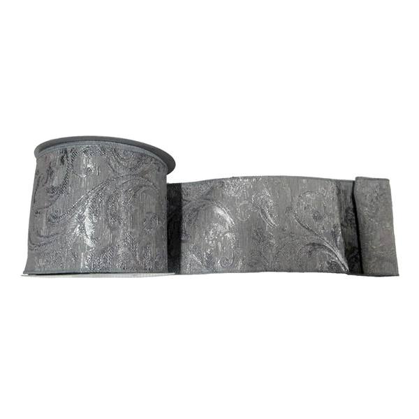 4" x 10yd Pewter Filigree Jacquard Ribbon