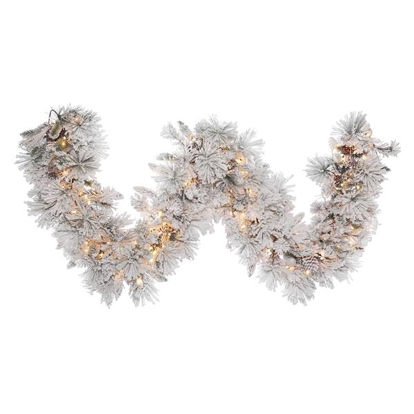 9' x 18" Artificial Flocked Alberta Garland 150 Clear Miniature Lights with Pine Cones