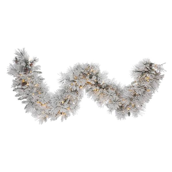 9' x 18" Artificial Flocked Alberta Garland 150 Warm White Italian LED Lights with Pine Cones