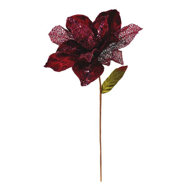 31" Burgundy Glitter Velvet Magnolia 13" Flower Pick