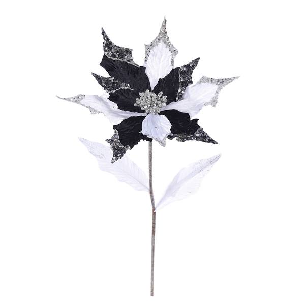 21" Black / White Velvet Poinsettia 13" Flower Pick
