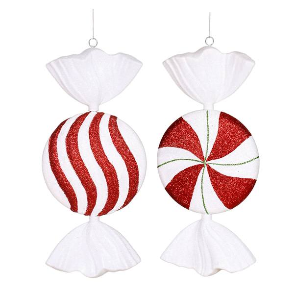 13" Red / White Peppermint Flat Candy Assorted Ornament (2 pack)