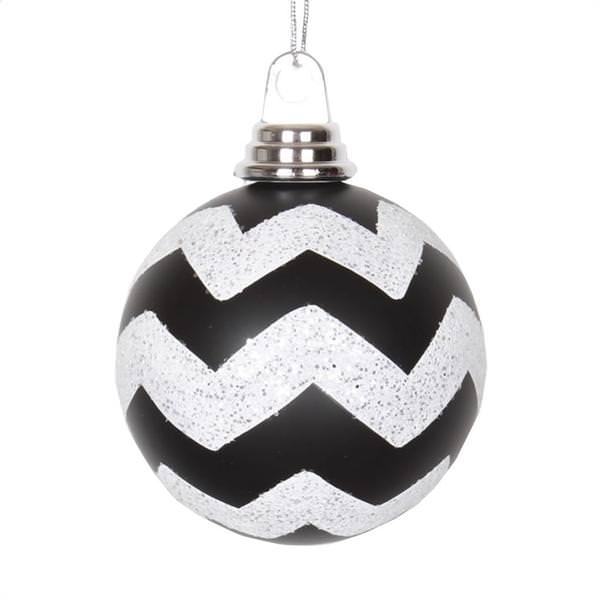 4" Black / White Plastic Matte-Glitter Chevron Ball Ornament (4 pack)