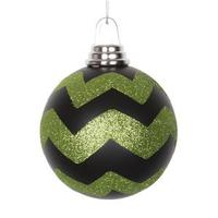 Vickerman 4" Black / Lime Plastic Matte-Glitter Chevron Ball Ornament (4 pack)