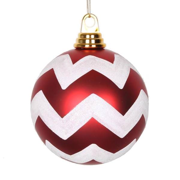 8" Red / White Matte Glitter Chevron Ball Ornament