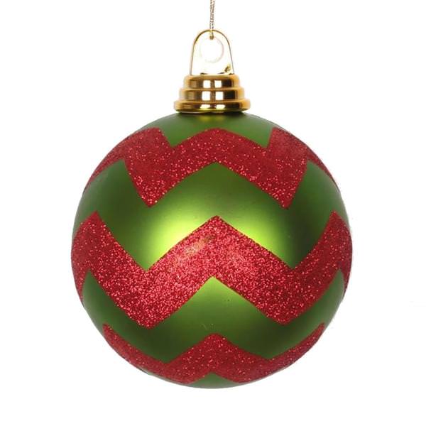 4.75" Lime / Red Plastic Matte-Glitter Chevron Ball Ornament (3 pack)