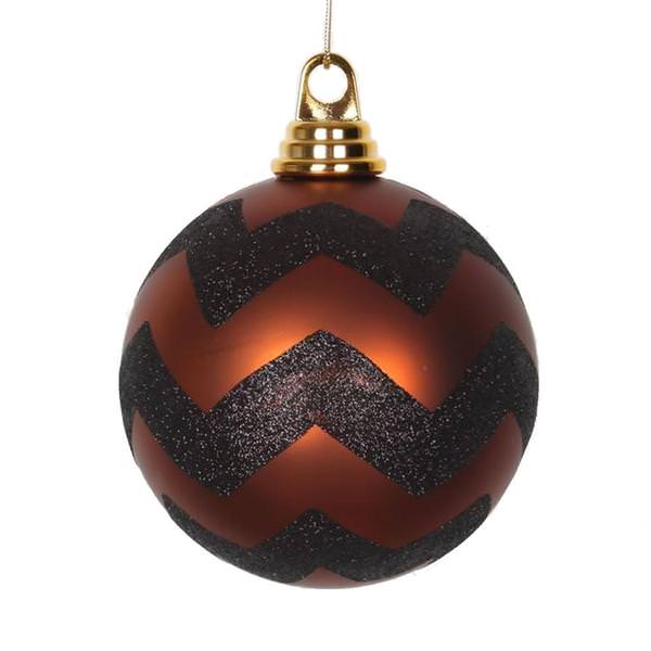 4.75" Black / Copper Plastic Matte-Glitter Chevron Ball Ornament (3 pack)