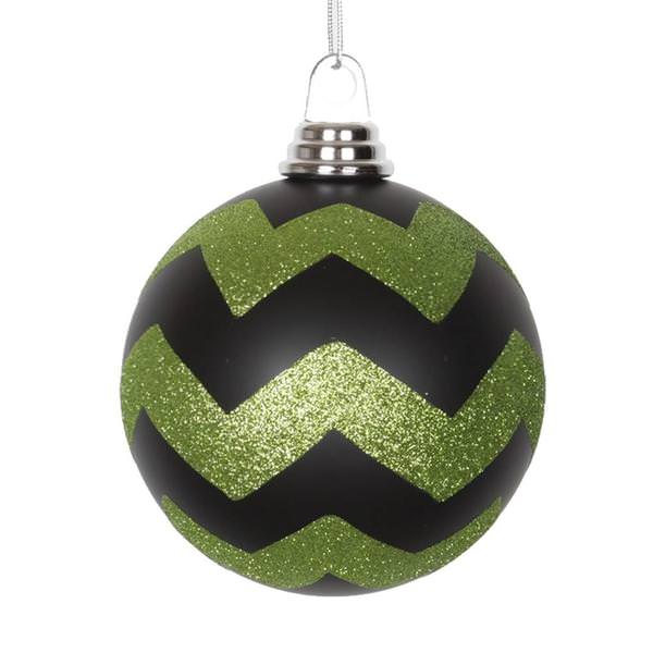 4.75" Black / Lime Plastic Matte-Glitter Chevron Ball Ornament (3 pack)