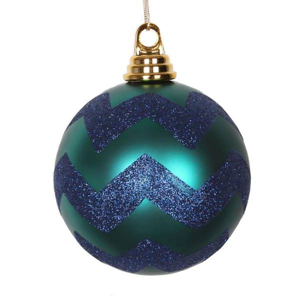 4.75" Teal / Sea Blue Plastic Matte-Glitter Chevron Ball Ornament (3 pack)