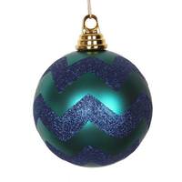 Vickerman 4.75" Teal / Sea Blue Plastic Matte-Glitter Chevron Ball Ornament (3 pack)
