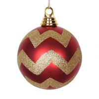 Vickerman 4.75" Red / Gold Plastic Matte-Glitter Chevron Ball Ornament (3 pack)