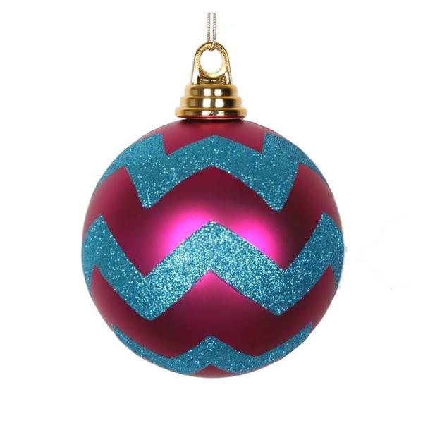 4.75" Cerise / Turquoise Matte Glitter Chevron Ball Ornament (3 pack)