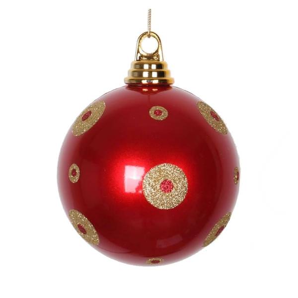 4" Red / Gold Polka Dot Candy Ball Ornament (4 pack)