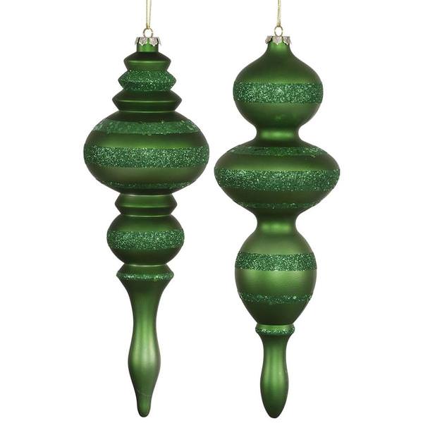 14" Green 2 Assorted Finishes Finial Ornaments (set of 2)
