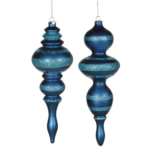 14" Sea Blue 2 Assorted Finishes Finial Ornaments (set of 2)
