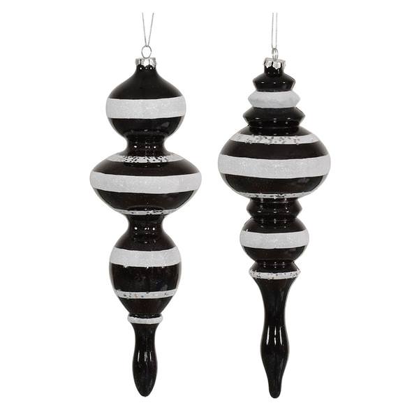 14" Black / White Candy Glitter Finial Ornament (2 pack)