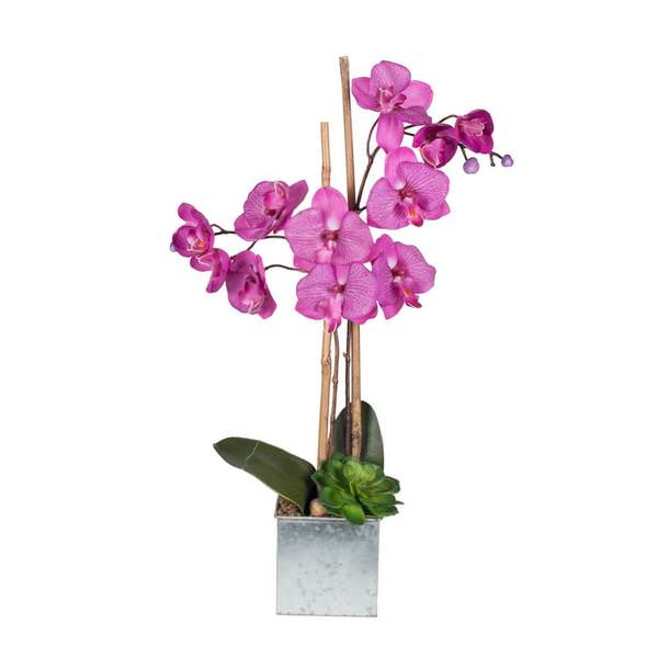 22" Artificial Purple Silk Phalaenopsis Orchid in Silver Metal Square Pot