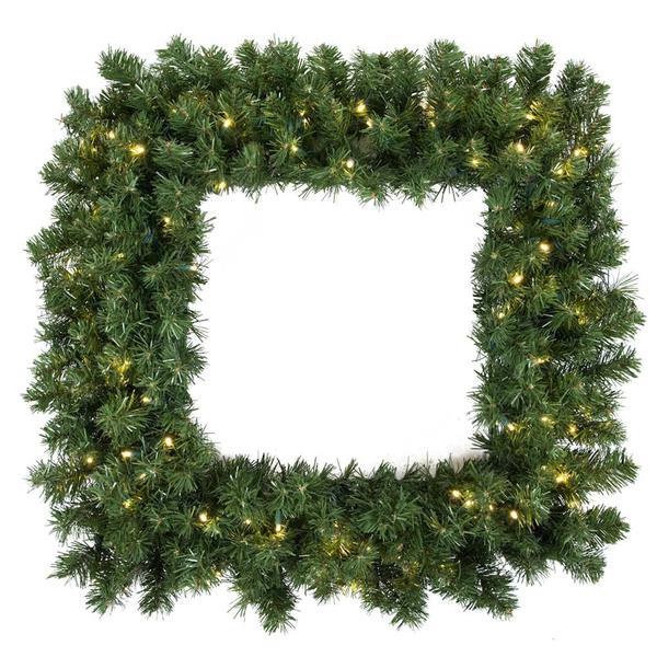 48" Artificial Grand Teton Square Wreath 200 Warm White Wide Angle LED Lights