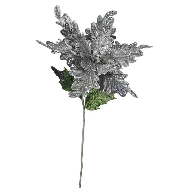 15" Artificial Pewter Velvet Poinsettia Flower Pick (3 pack)