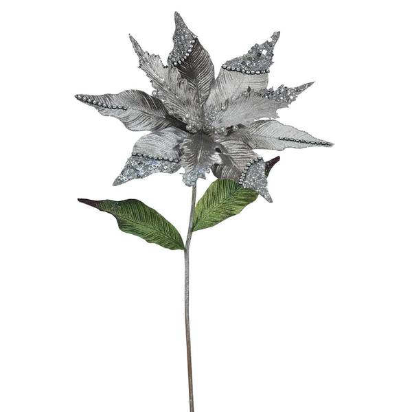 26" Artificial Pewter Velvet Poinsettia Flower (3 pack)