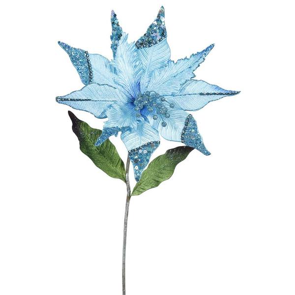 26" Artificial Sky Blue Velvet Poinsettia Flower (3 pack)