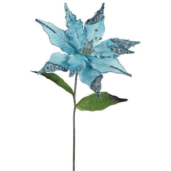 26" Artificial Sea Blue Velvet Poinsettia Flower (3 pack)