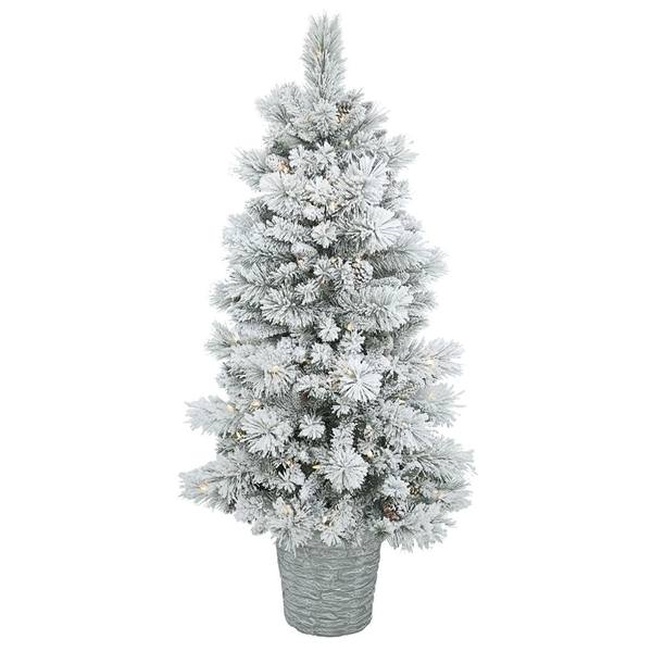 5' x 30" Artificial Potted Flocked Ashton Pine Tree with 150 Warm White LED Lights