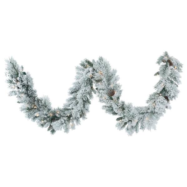 9' Artificial Flocked Ashton Garland 50 Warm White LED Lights