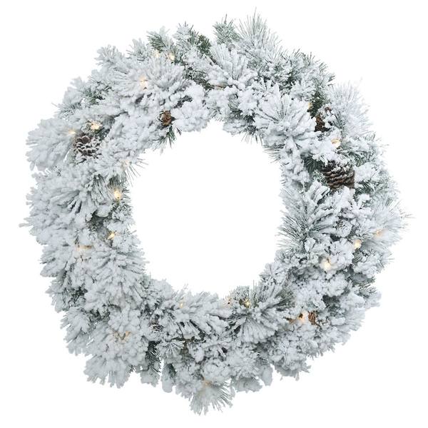 30" Artificial Flocked Ashton Wreath 50 Clear Lights