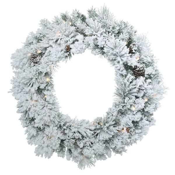 30" Flocked Ashton Wreath 50 Warm White LED Lights