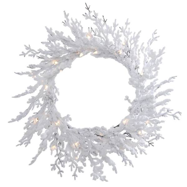 30" Artificial Flocked Winter Twig Wreath 50 Warm White LED Lights