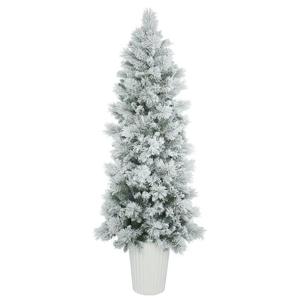 7' x 29" Artificial Potted Flocked Castle Pine Tree