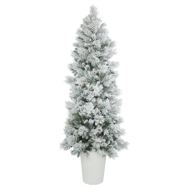 7' x 29" Artificial Potted Flocked Castle Pine Tree with 250 Clear Lights