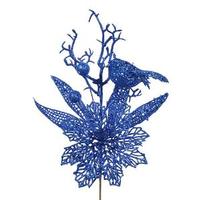 Vickerman 13" Blue Poinsettia-Bird Pick (12 pack)