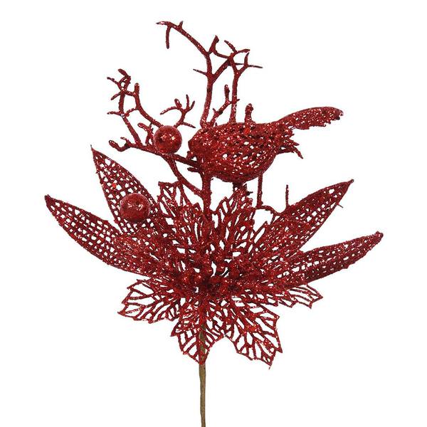 13" Red Poinsettia-Bird Pick (12 pack)