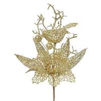 Vickerman 13" Gold Poinsettia-Bird Pick (12 pack)