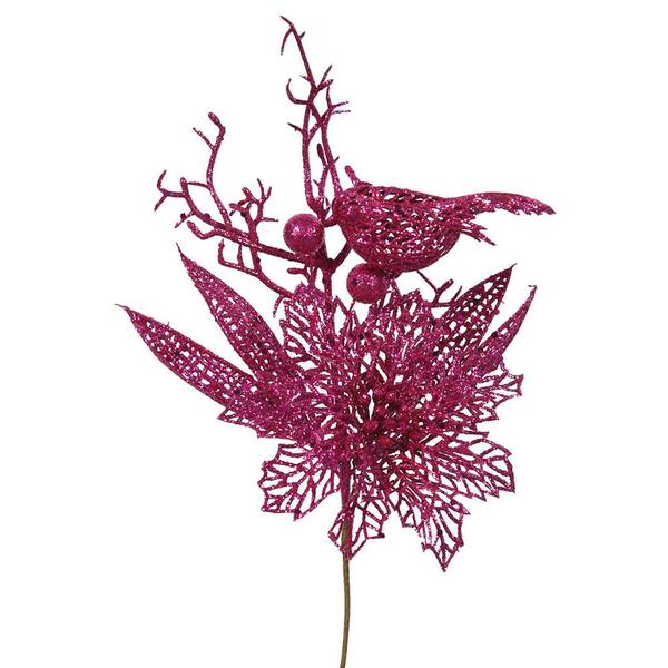 13" Cerise Poinsettia-Bird Pick (12 pack)