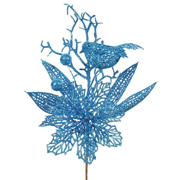 13" Turquoise Poinsettia-Bird Pick (12 pack)