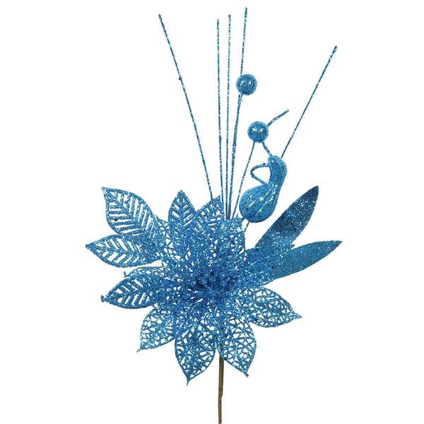 14" Turquoise Poinsettia-Ball Pick (12 pack)